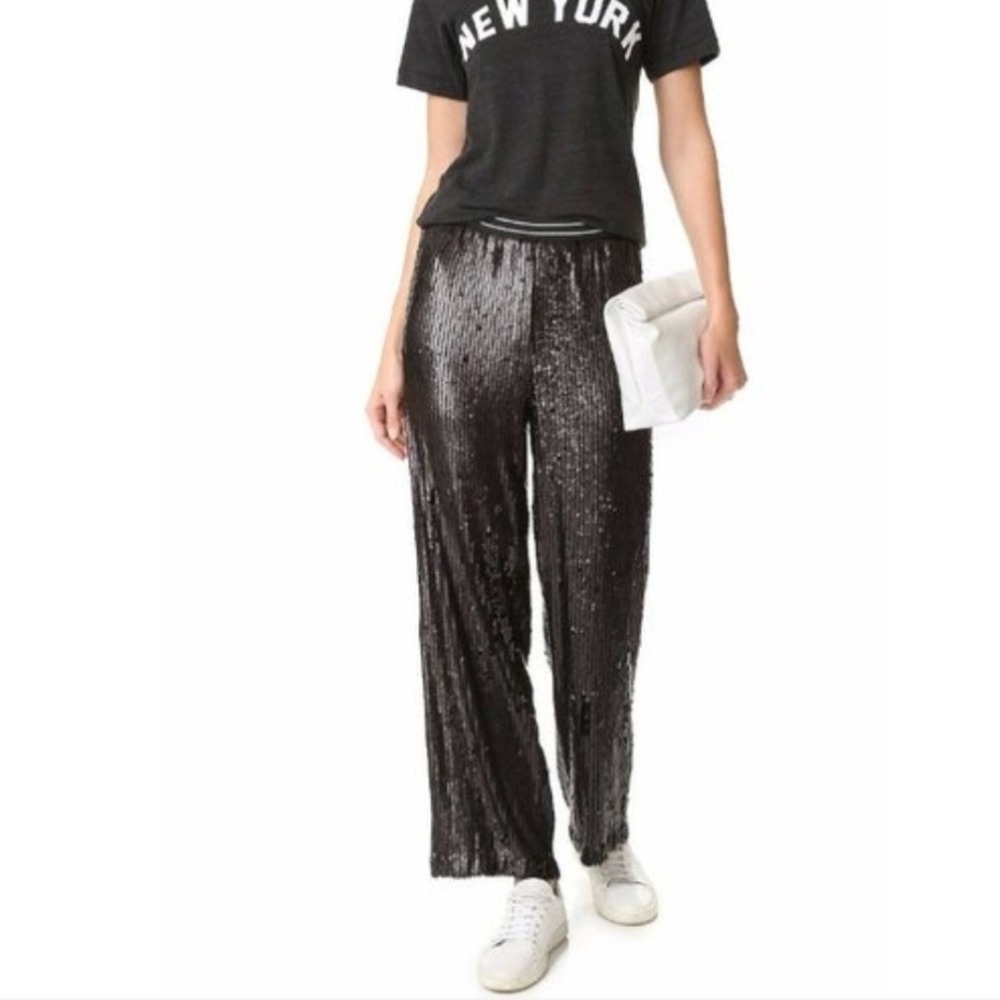 Free People Just a Dream Black Sequin Wide Leg Pants Small OB9545191 Pull On